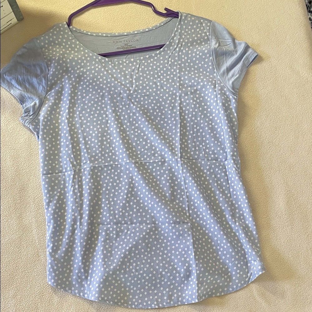 029-Ann Taylor Factory Light Blue Polka Dot Tee